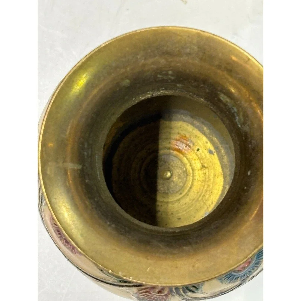 Vintage Brass Enamel Floral Vase Hand Painted India Etched Gold Tone 5